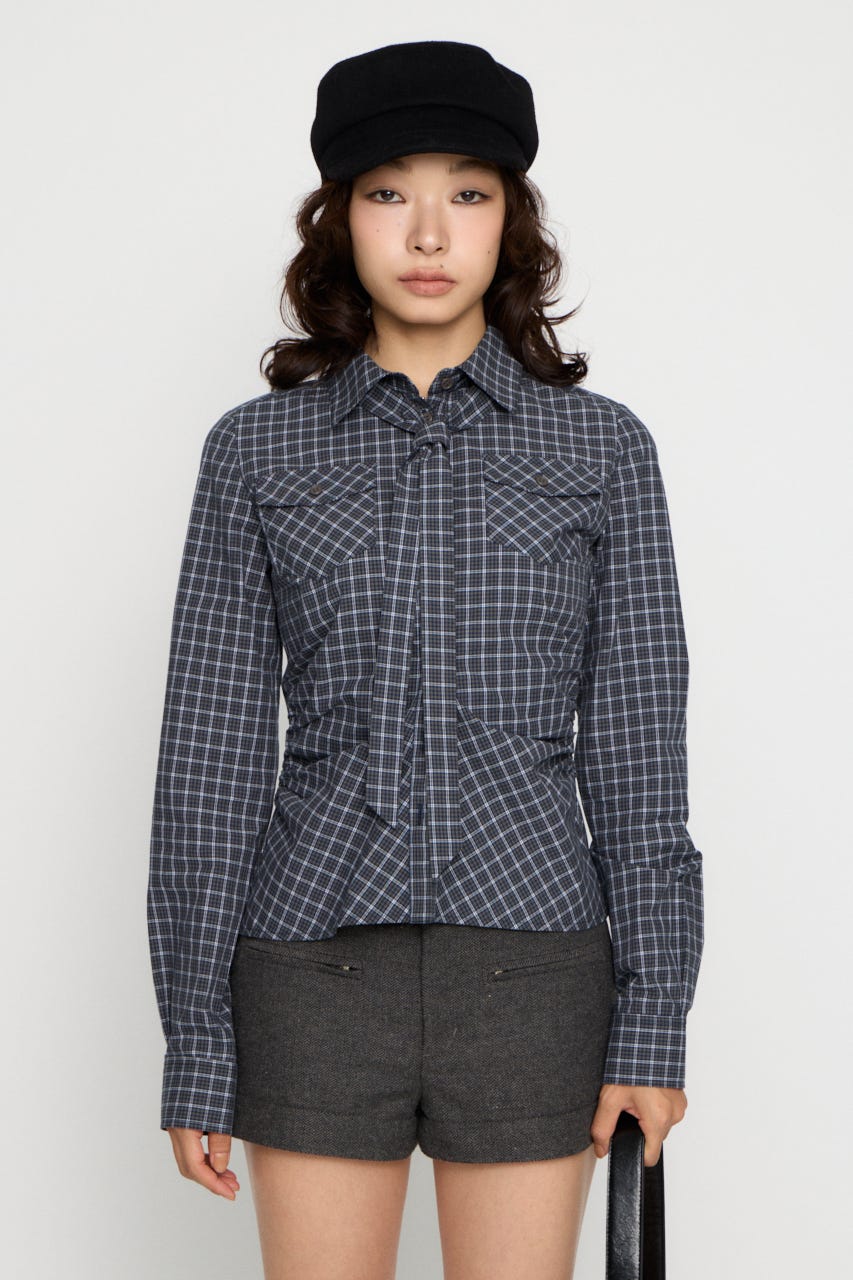 CHECK SIDE GATHER TIE シャツ NVY FREE