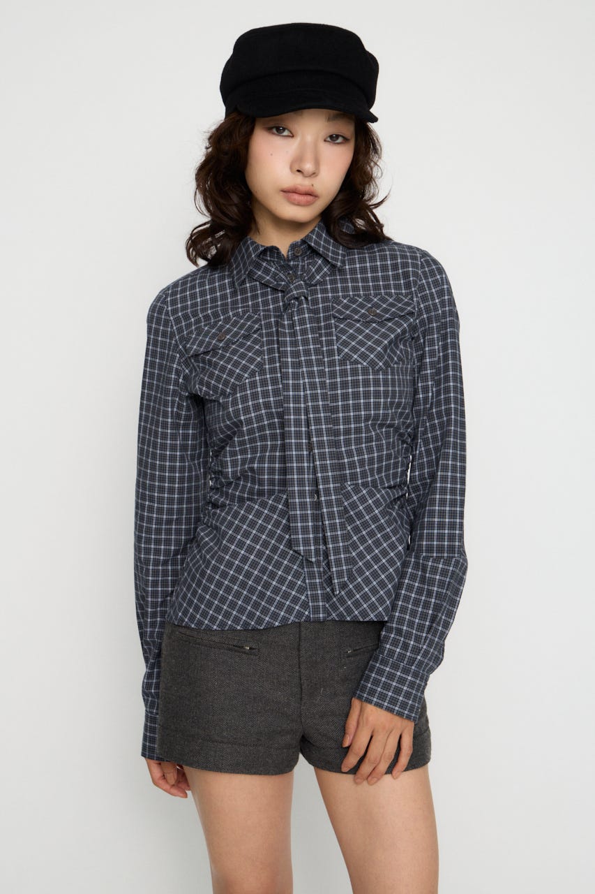 CHECK SIDE GATHER TIE シャツ NVY FREE