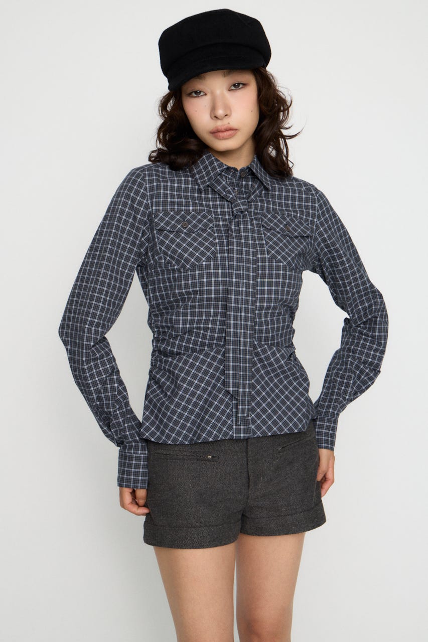 CHECK SIDE GATHER TIE シャツ NVY FREE