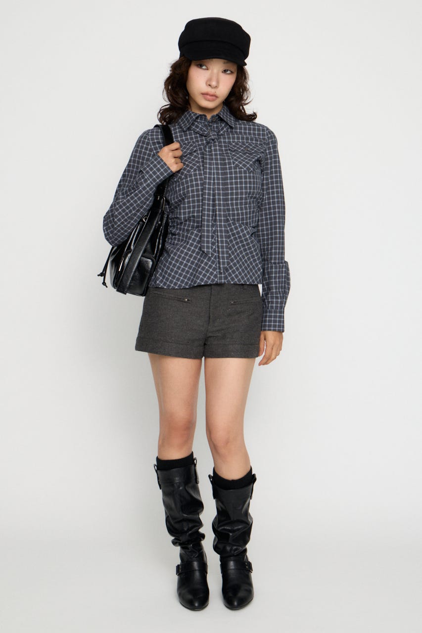 CHECK SIDE GATHER TIE シャツ NVY FREE