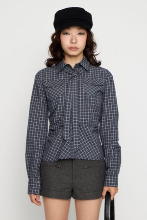 CHECK SIDE GATHER TIE シャツ