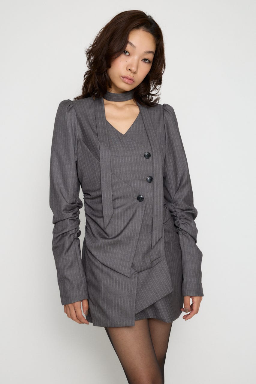 STRIPE NECK TIE ワンピース GRY S