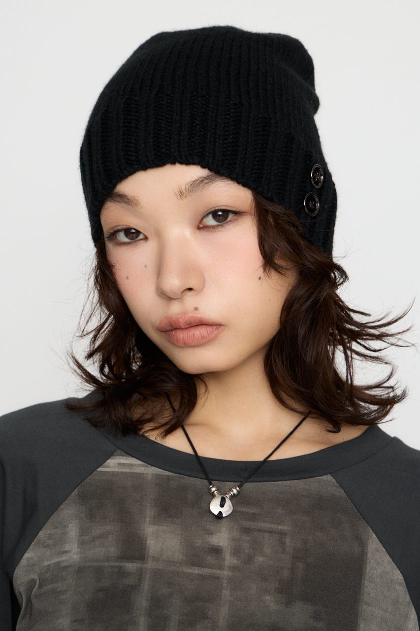 SIDE BUTTON LOOSEY KNIT キャップ BLK FREE