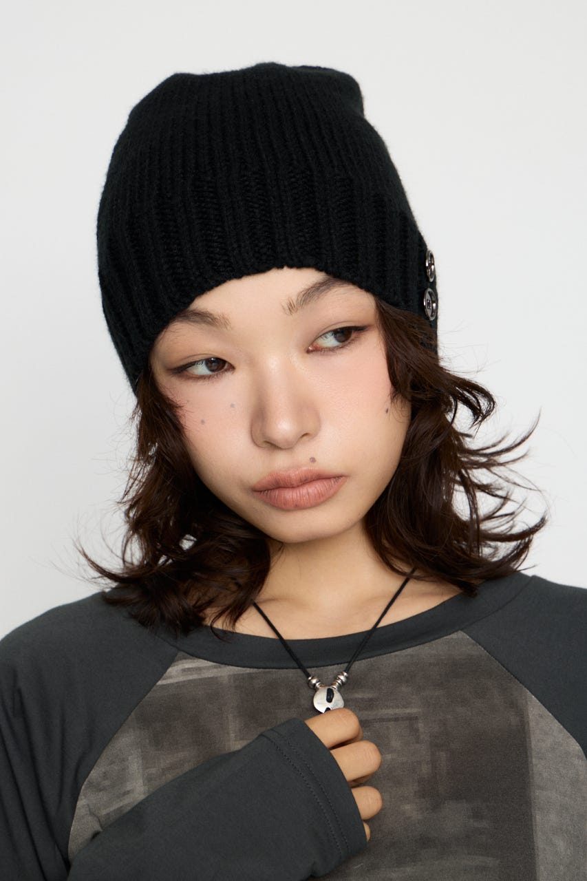 SIDE BUTTON LOOSEY KNIT キャップ BLK FREE