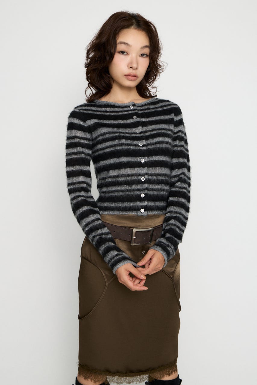 BRUSHED BORDER CROPPED カーディガン GRY FREE