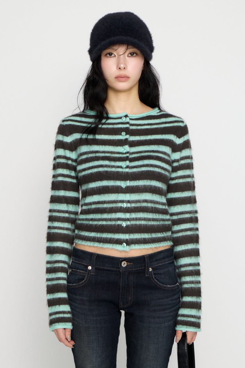BRUSHED BORDER CROPPED カーディガン MINT FREE