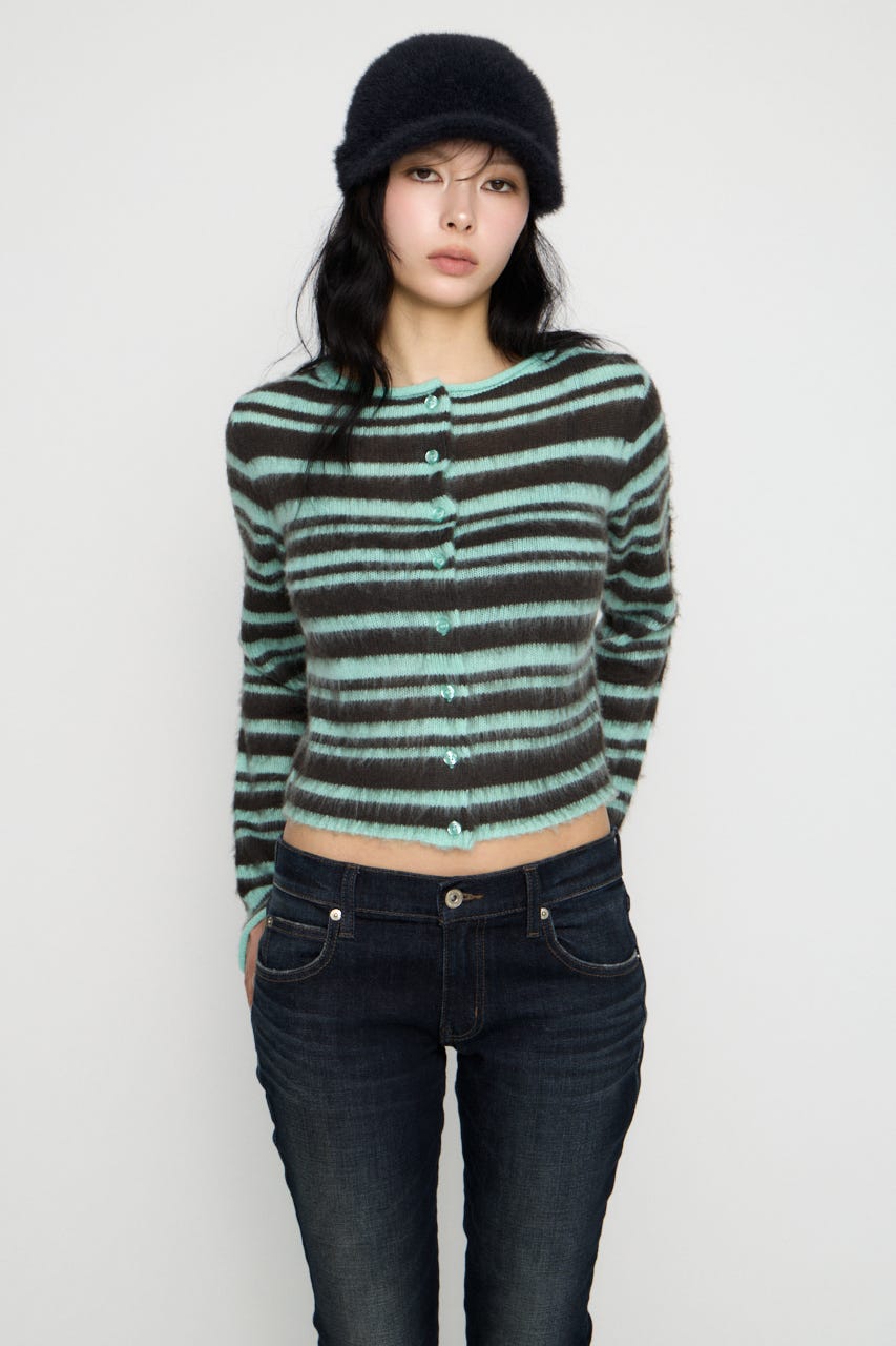 BRUSHED BORDER CROPPED カーディガン MINT FREE