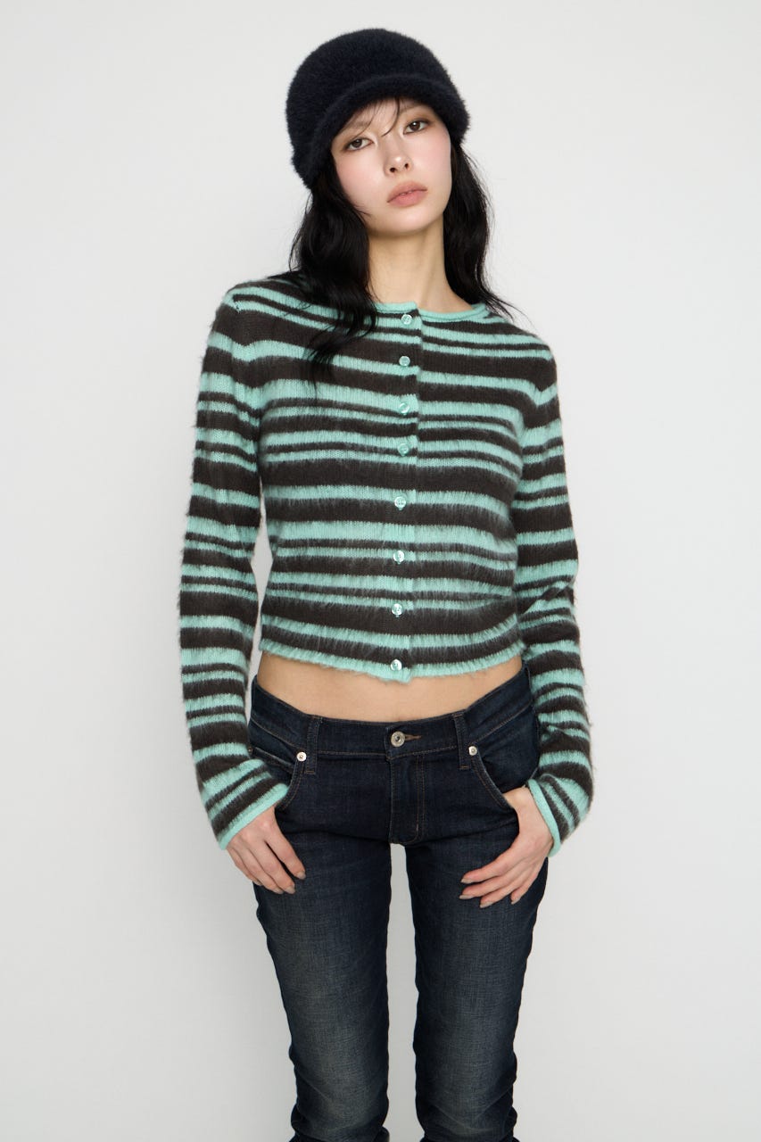 BRUSHED BORDER CROPPED カーディガン MINT FREE