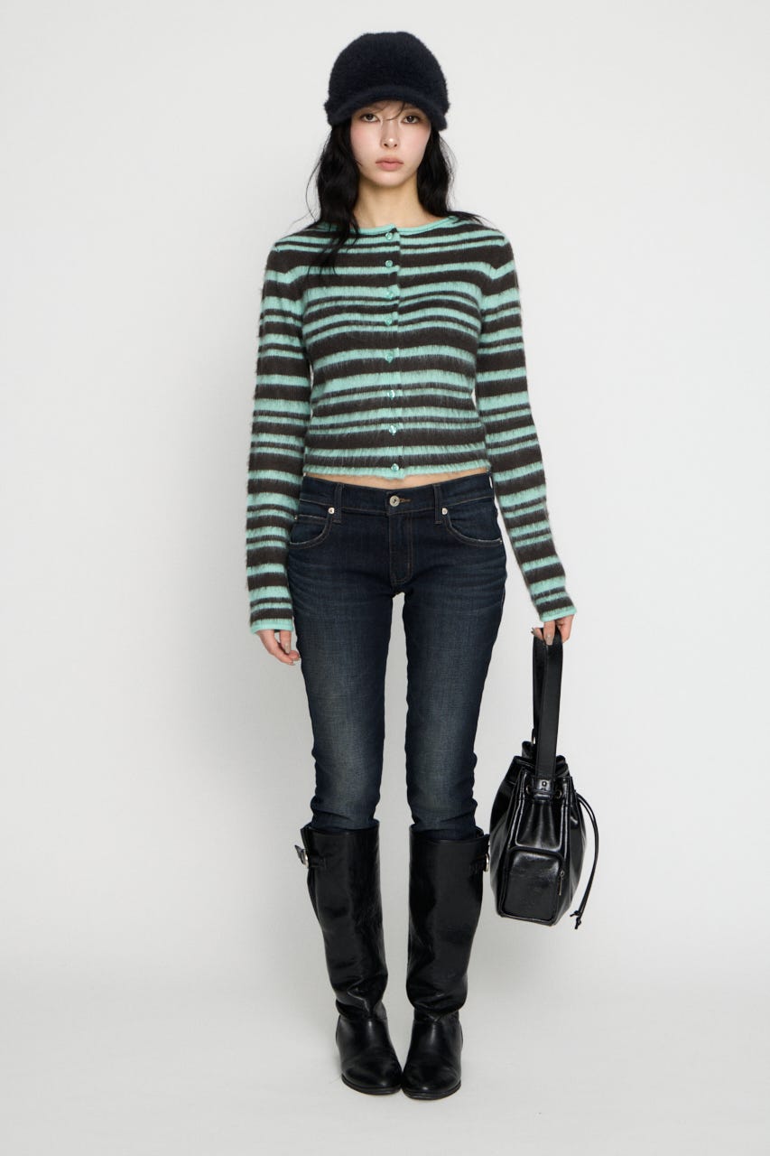 BRUSHED BORDER CROPPED カーディガン MINT FREE