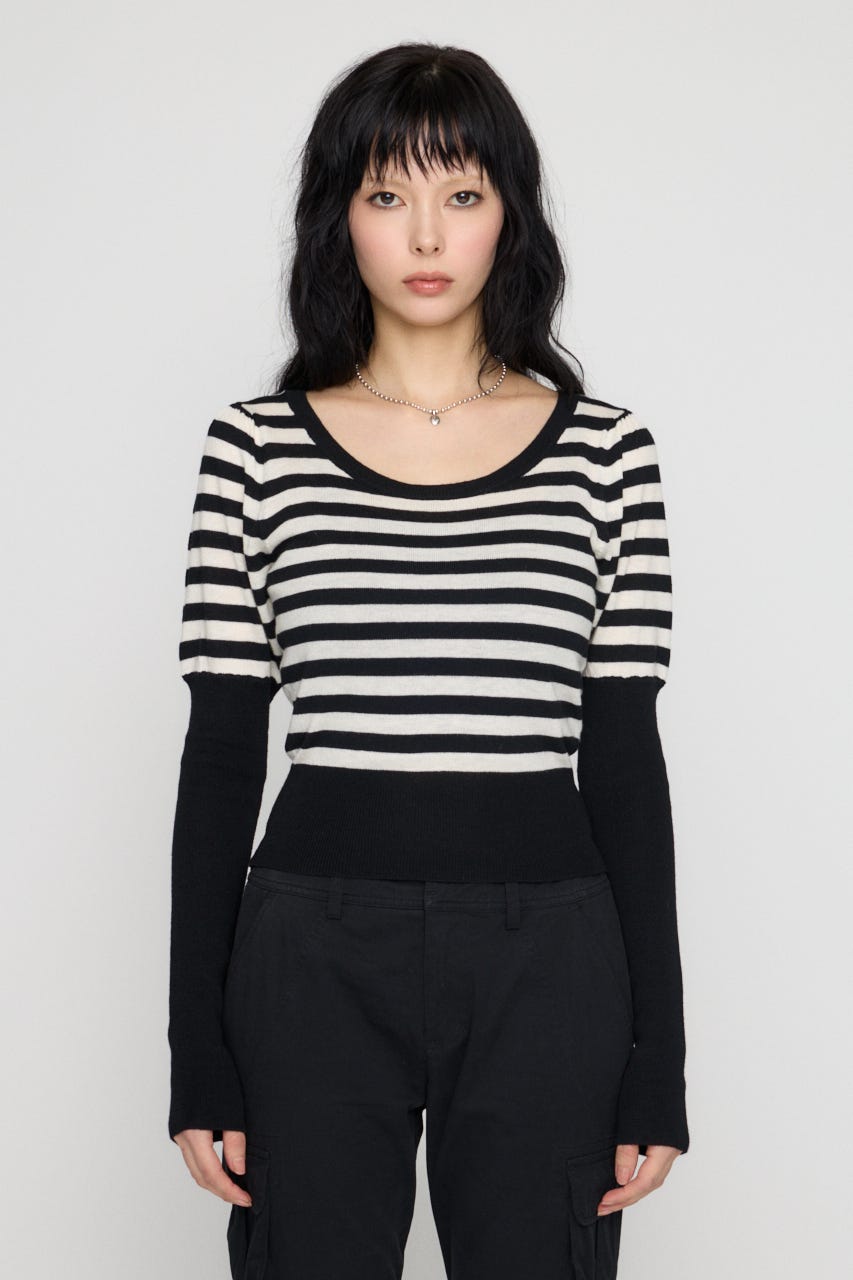BORDER PUFF SLEEVE ニット BLK FREE
