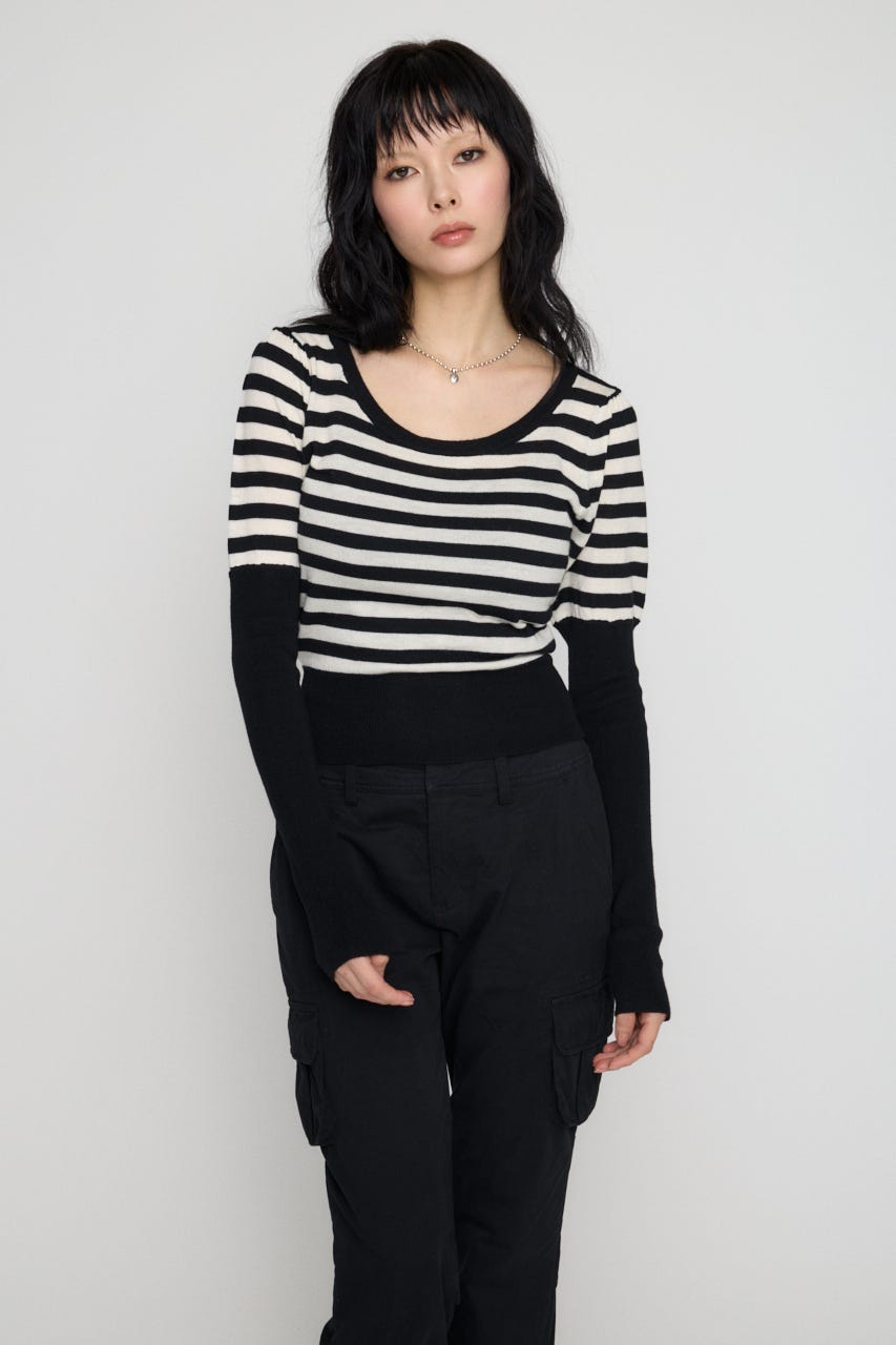 BORDER PUFF SLEEVE ニット BLK FREE