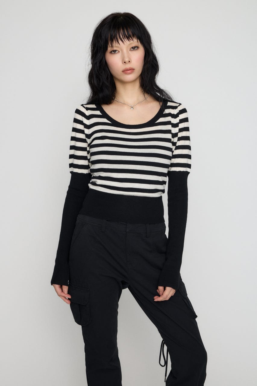 BORDER PUFF SLEEVE ニット BLK FREE