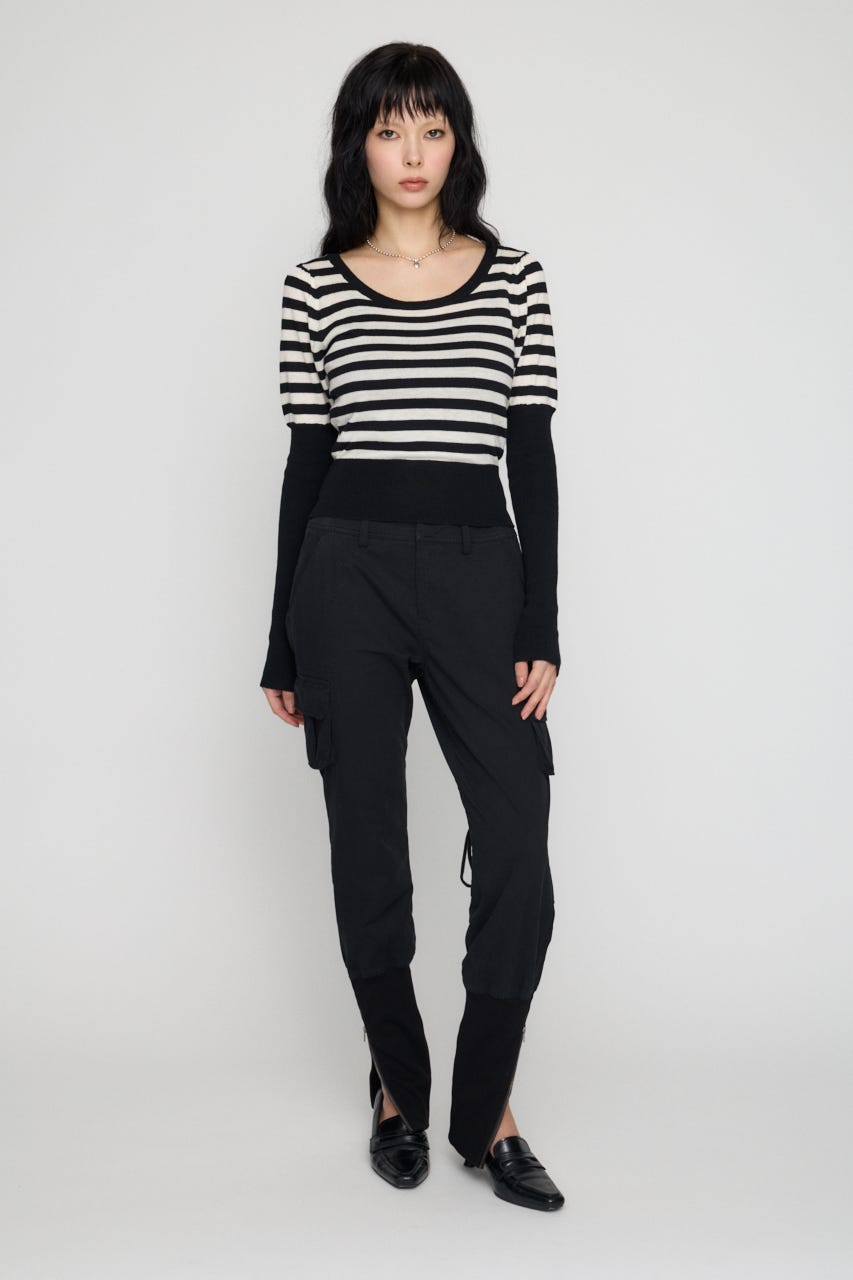 BORDER PUFF SLEEVE ニット BLK FREE