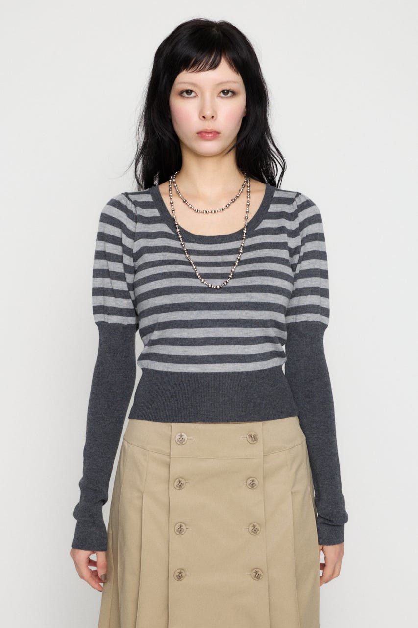BORDER PUFF SLEEVE ニット GRY FREE