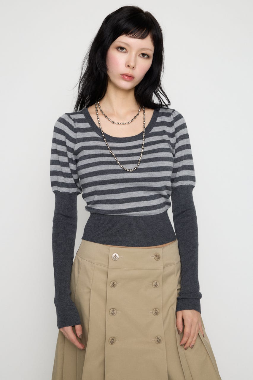 BORDER PUFF SLEEVE ニット GRY FREE