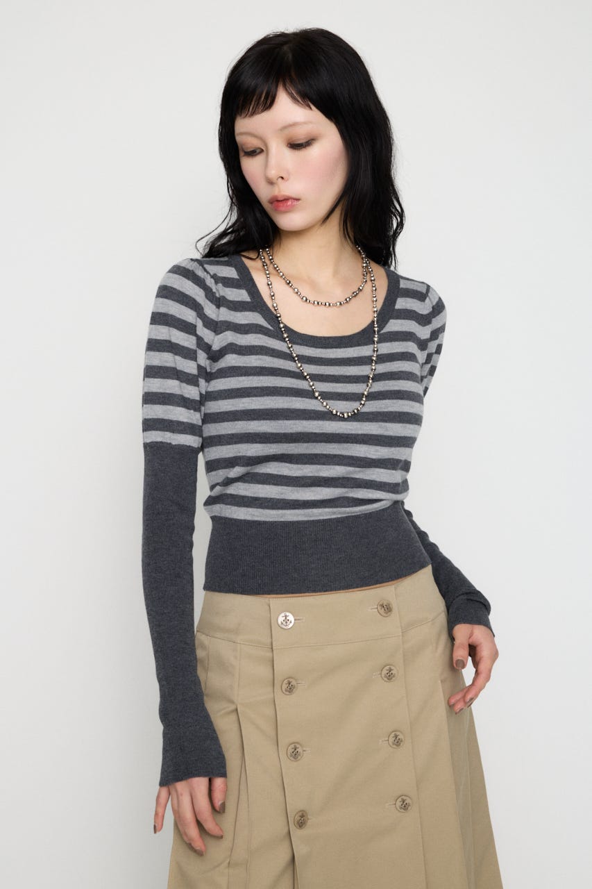 BORDER PUFF SLEEVE ニット GRY FREE