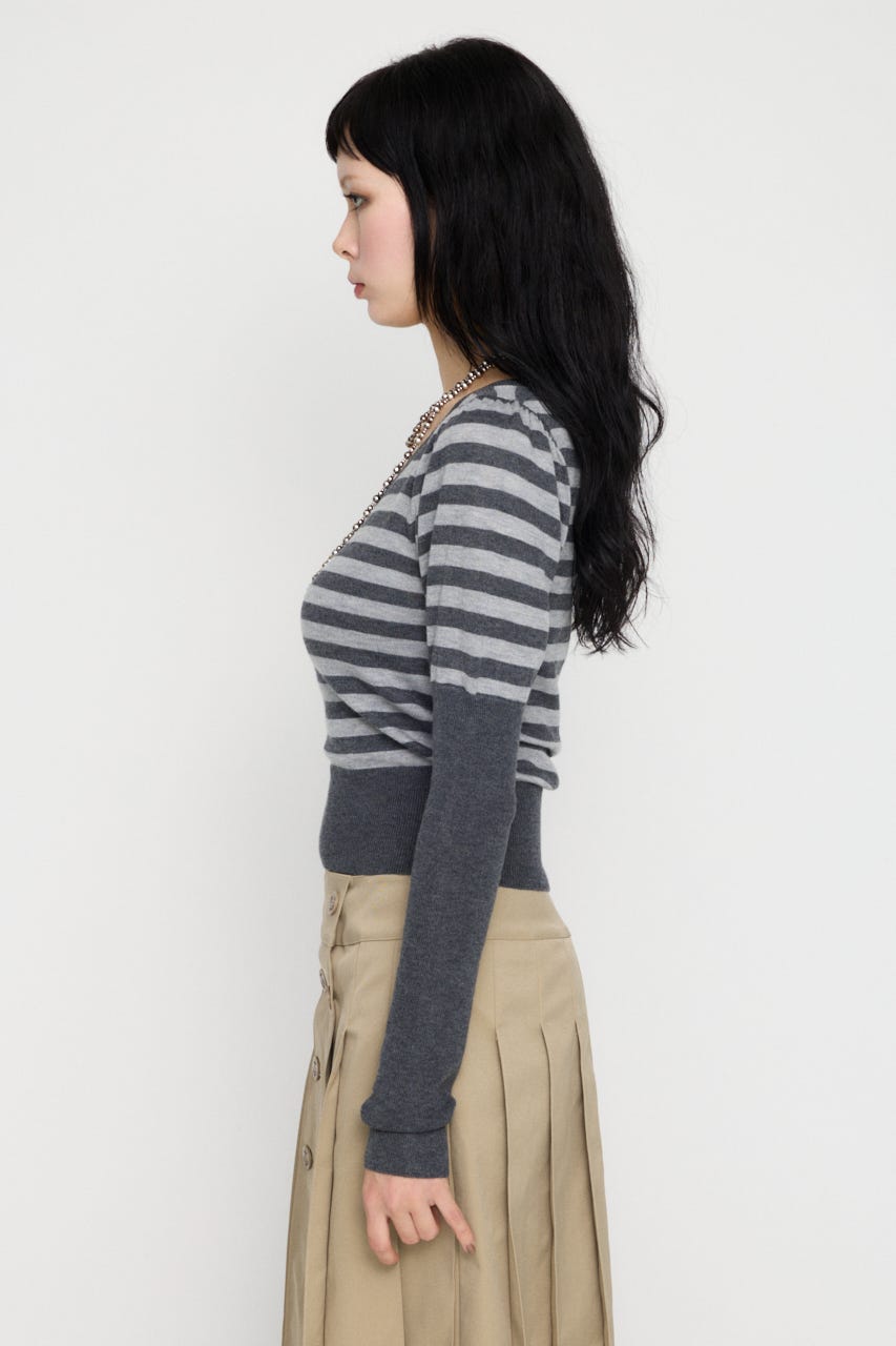 BORDER PUFF SLEEVE ニット GRY FREE