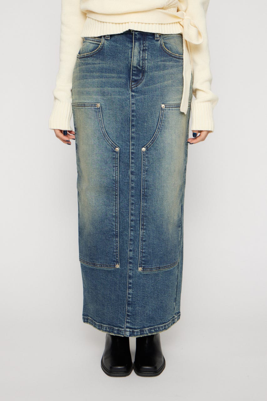 DOUBLE KNEE LONG DENIM スカート BLU S