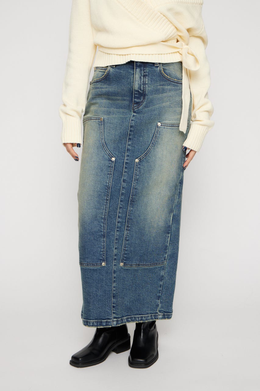 DOUBLE KNEE LONG DENIM スカート BLU S