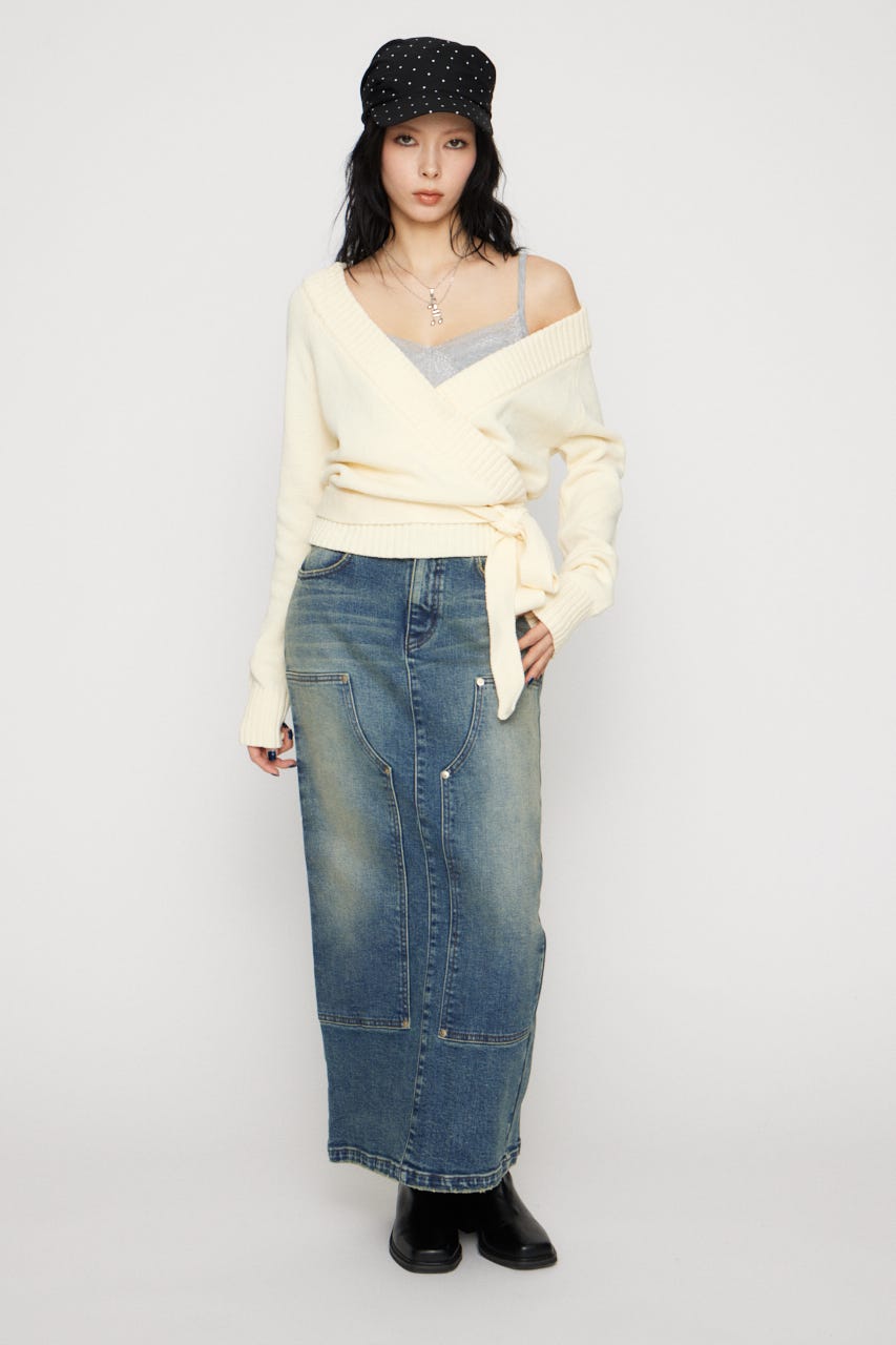 DOUBLE KNEE LONG DENIM スカート BLU S
