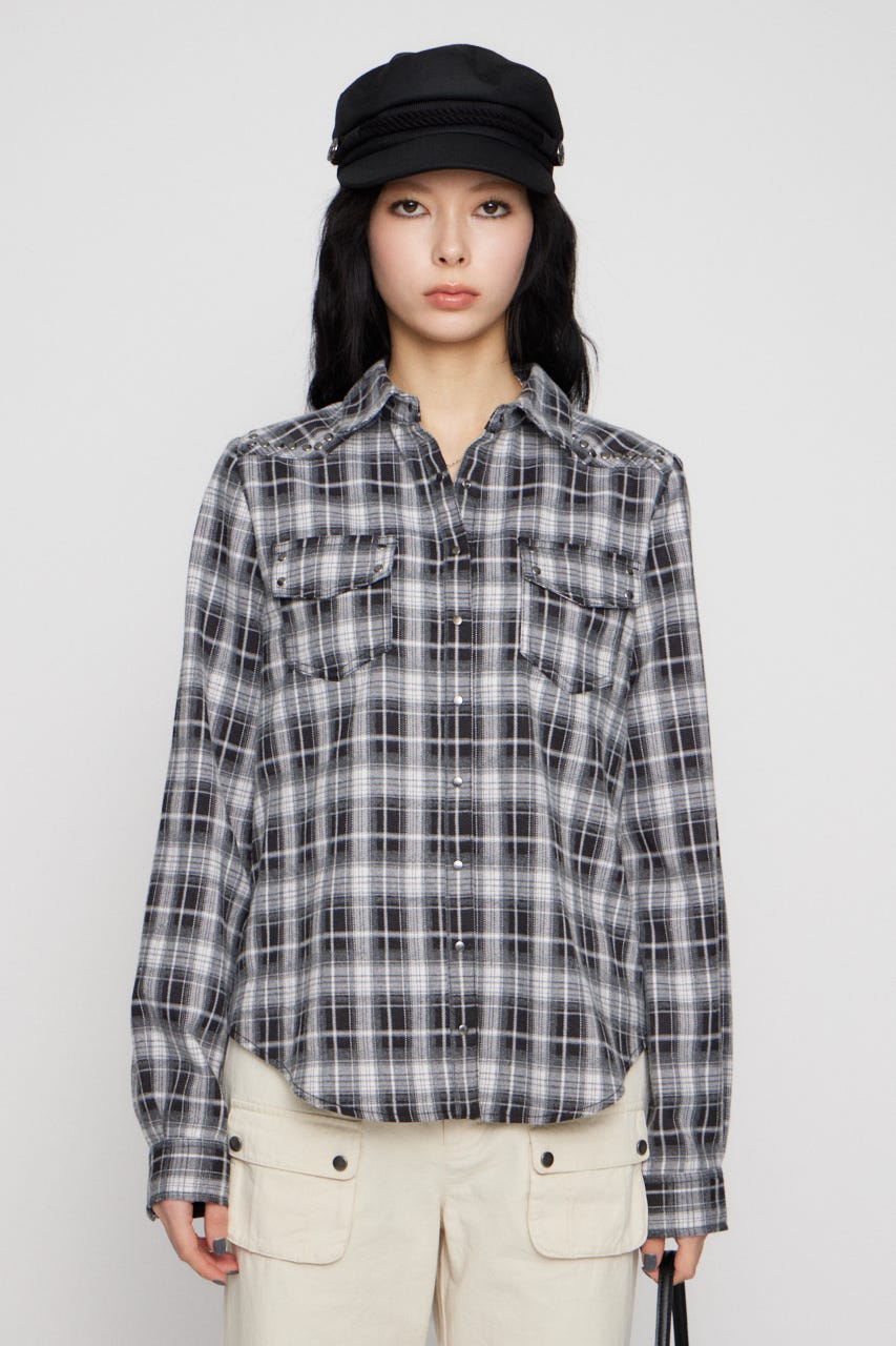 CHECK STUDS POCKET シャツ BLK FREE
