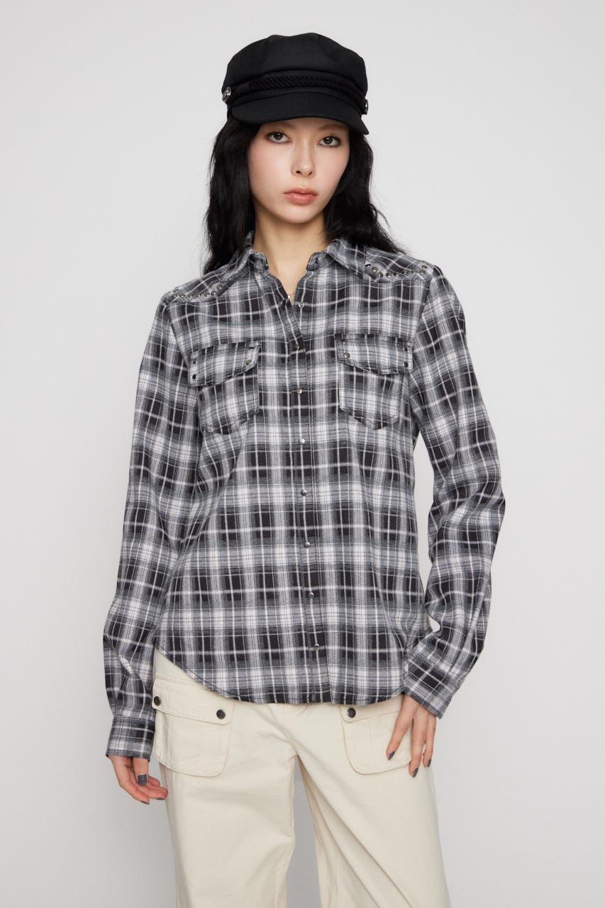 CHECK STUDS POCKET シャツ BLK FREE