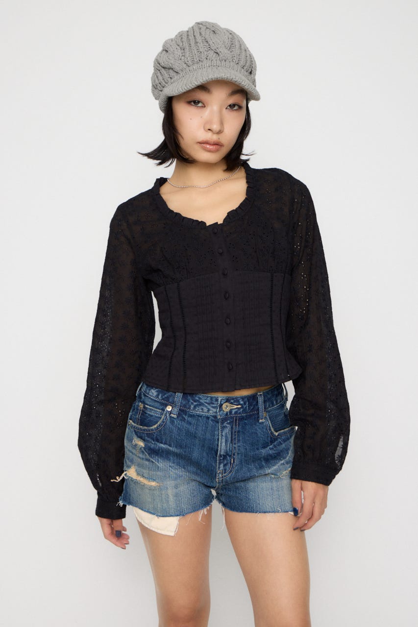 FRILL NECK COTTON ブラウス BLK FREE