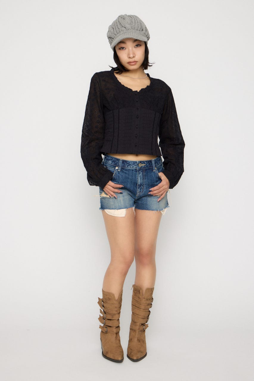 FRILL NECK COTTON ブラウス BLK FREE