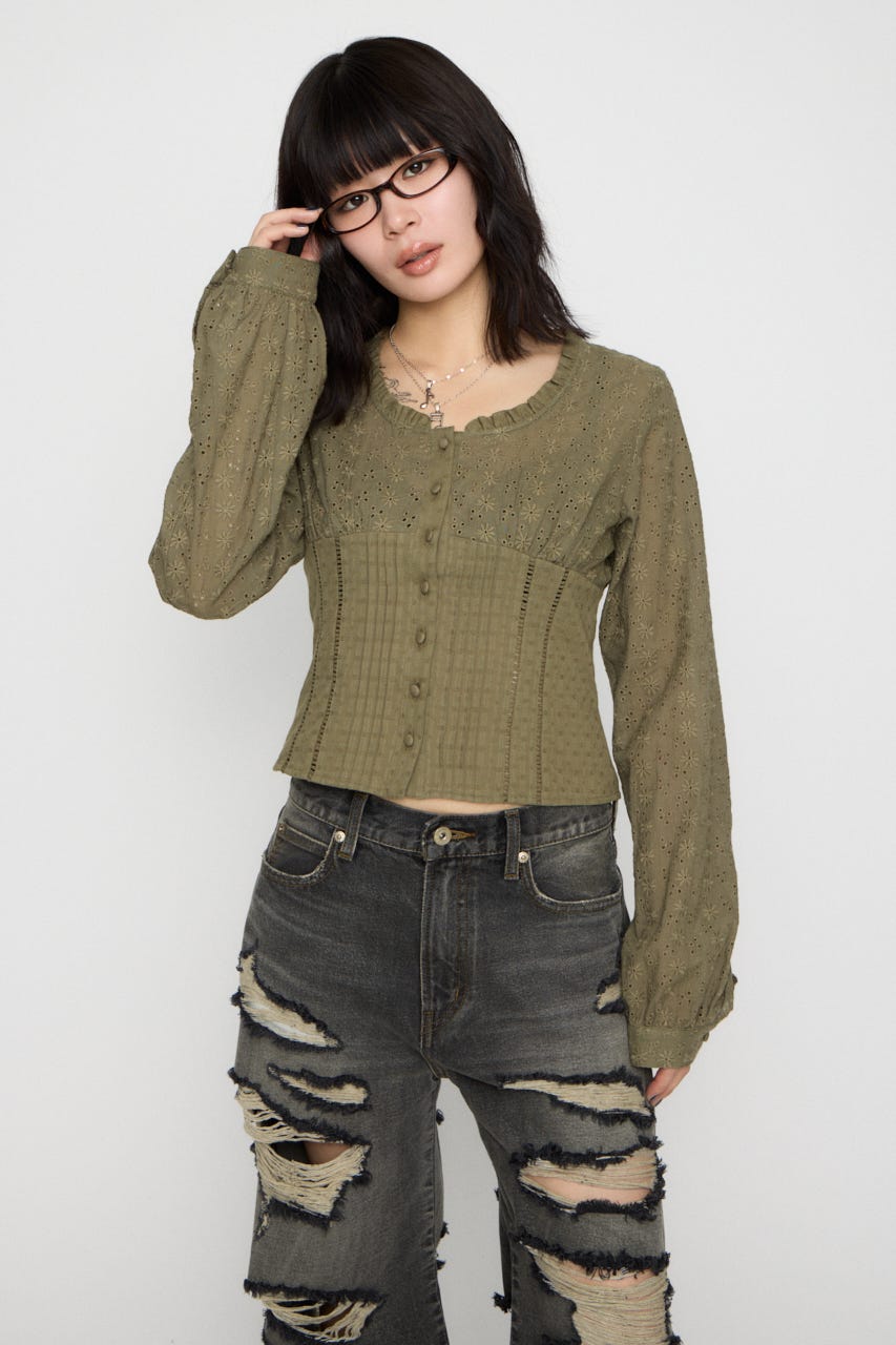 FRILL NECK COTTON ブラウス KHA FREE