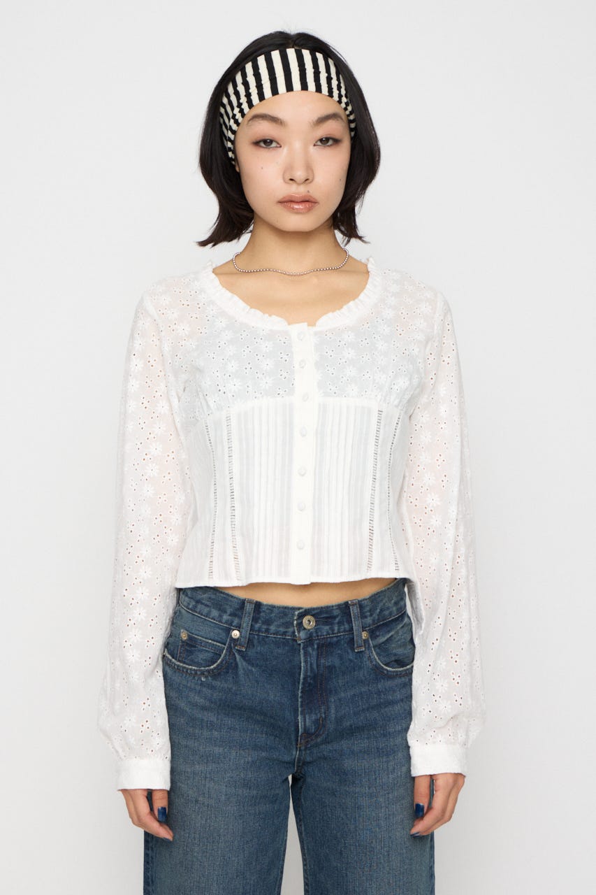 FRILL NECK COTTON ブラウス WHT FREE