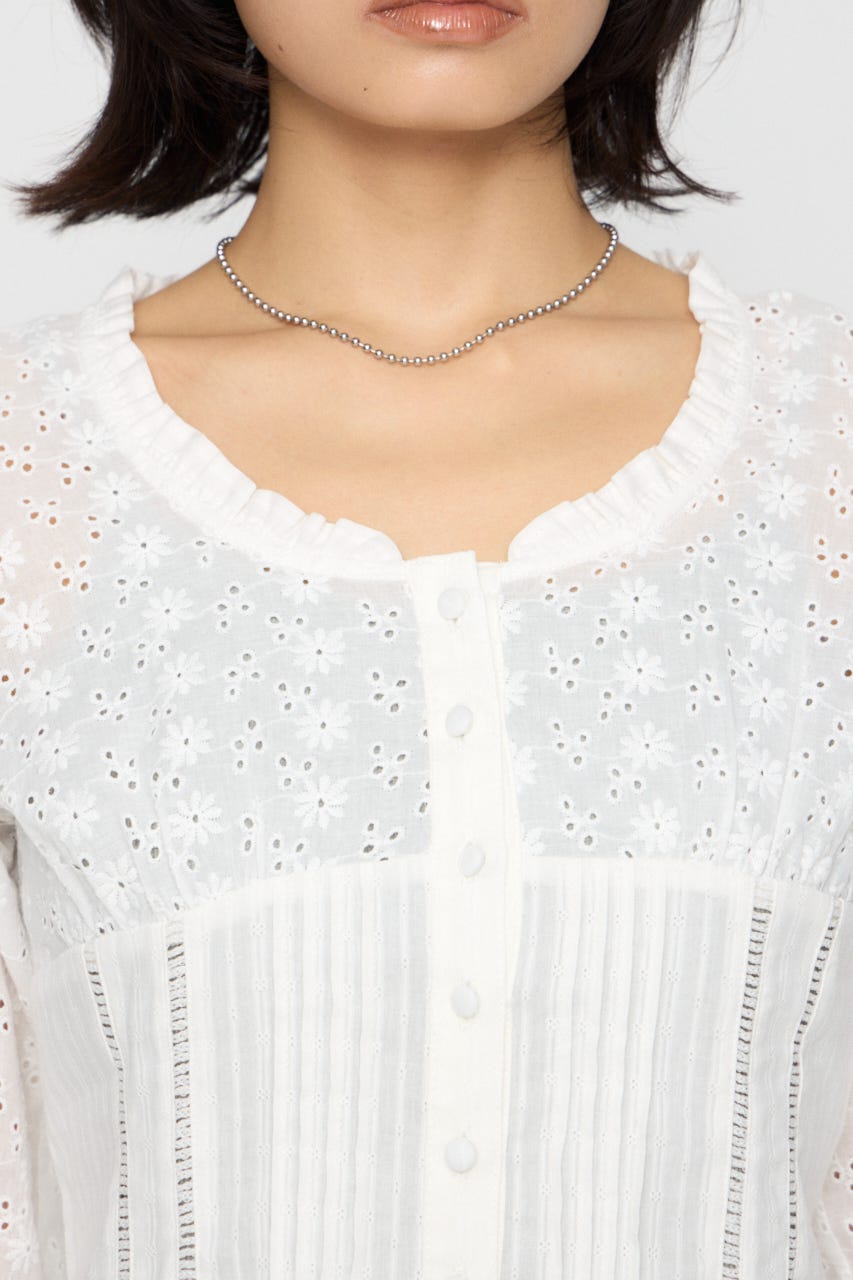 FRILL NECK COTTON ブラウス WHT FREE