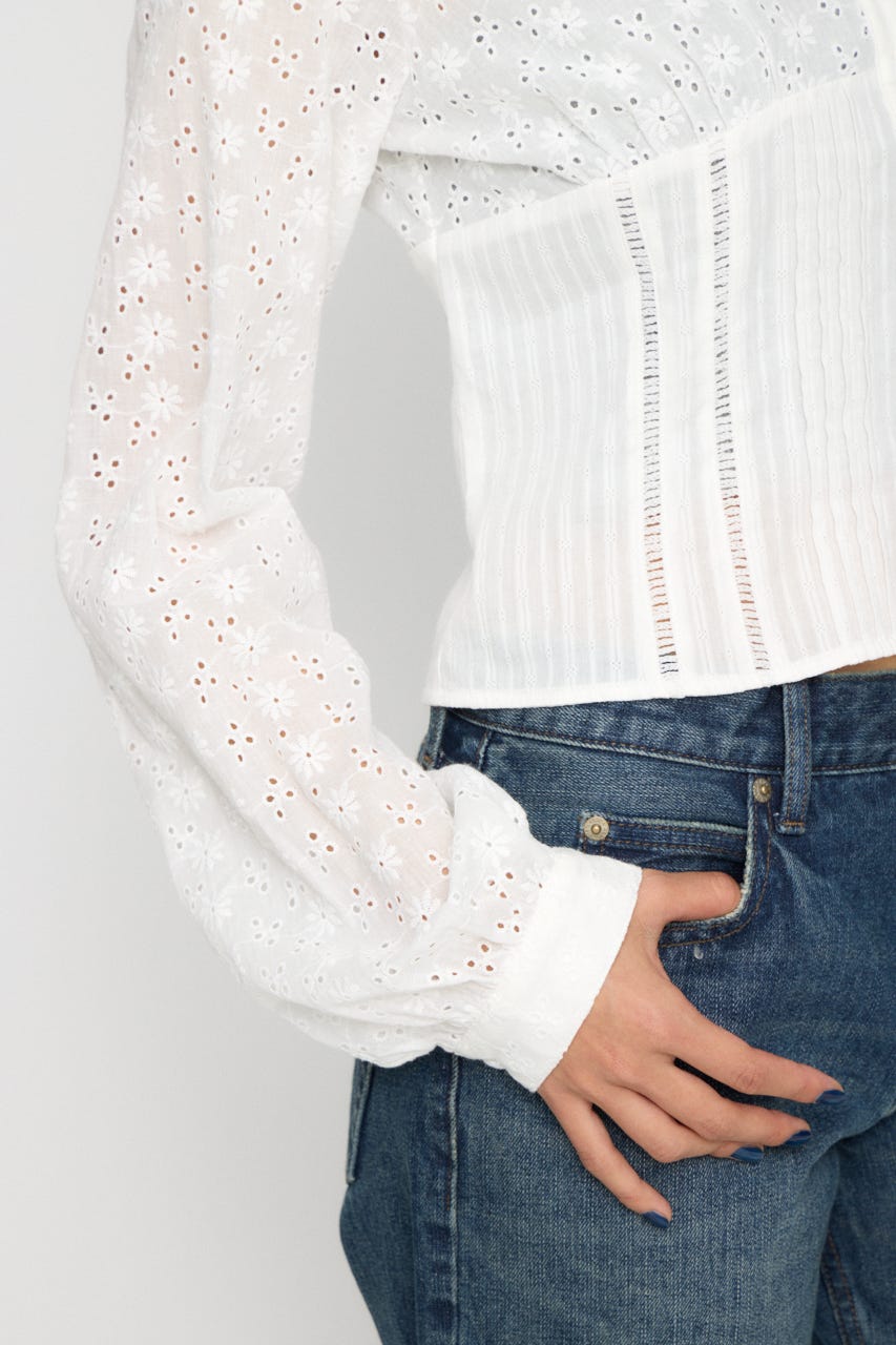 FRILL NECK COTTON ブラウス WHT FREE