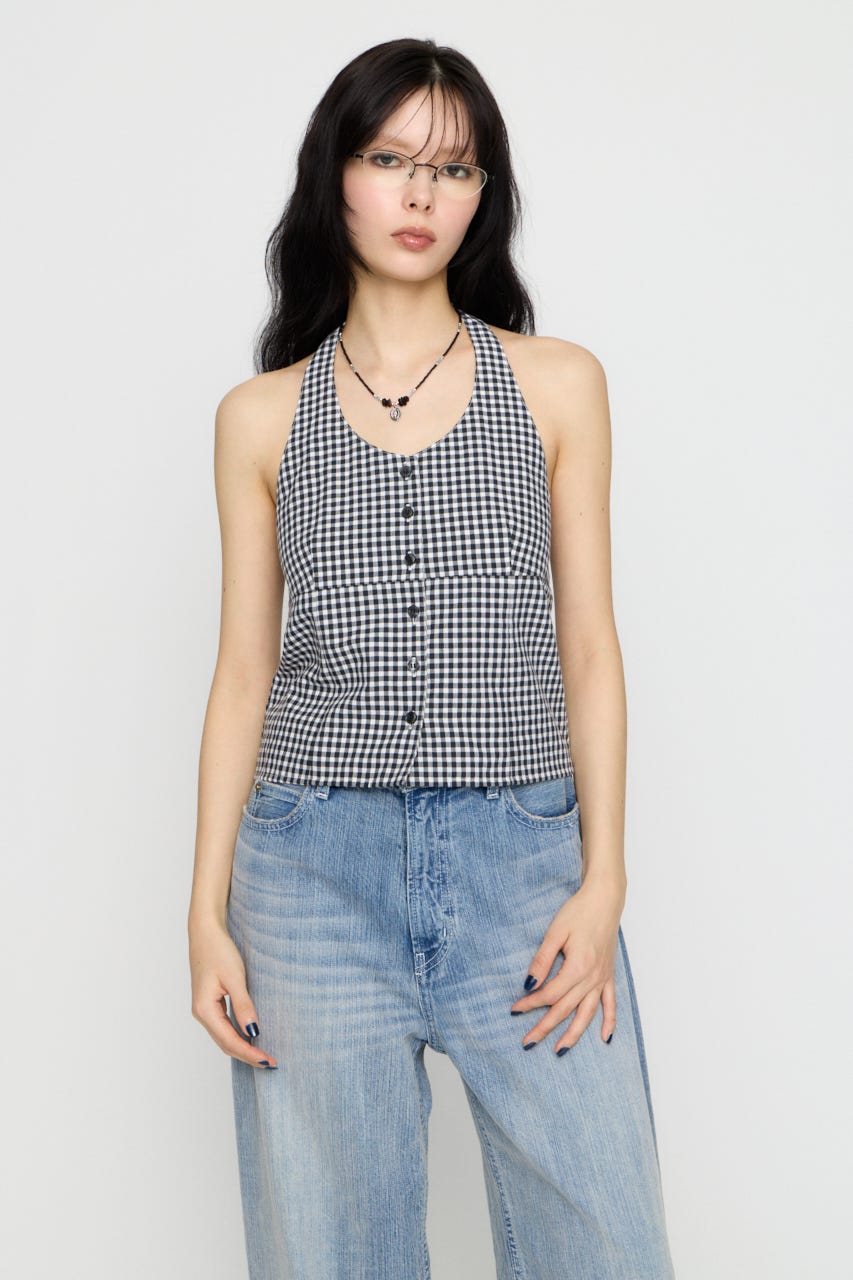 GINGHAM CHECK HALTER トップス BLK FREE