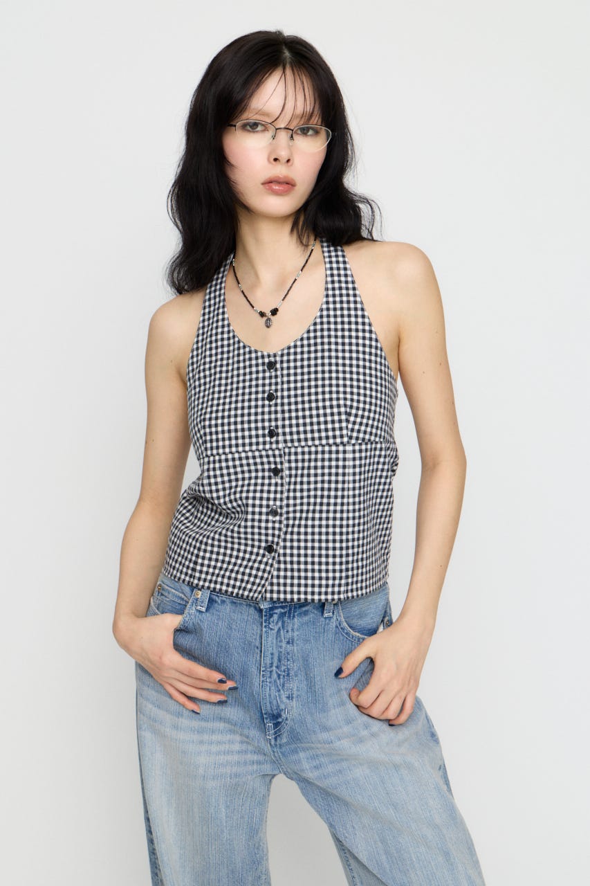 GINGHAM CHECK HALTER トップス BLK FREE