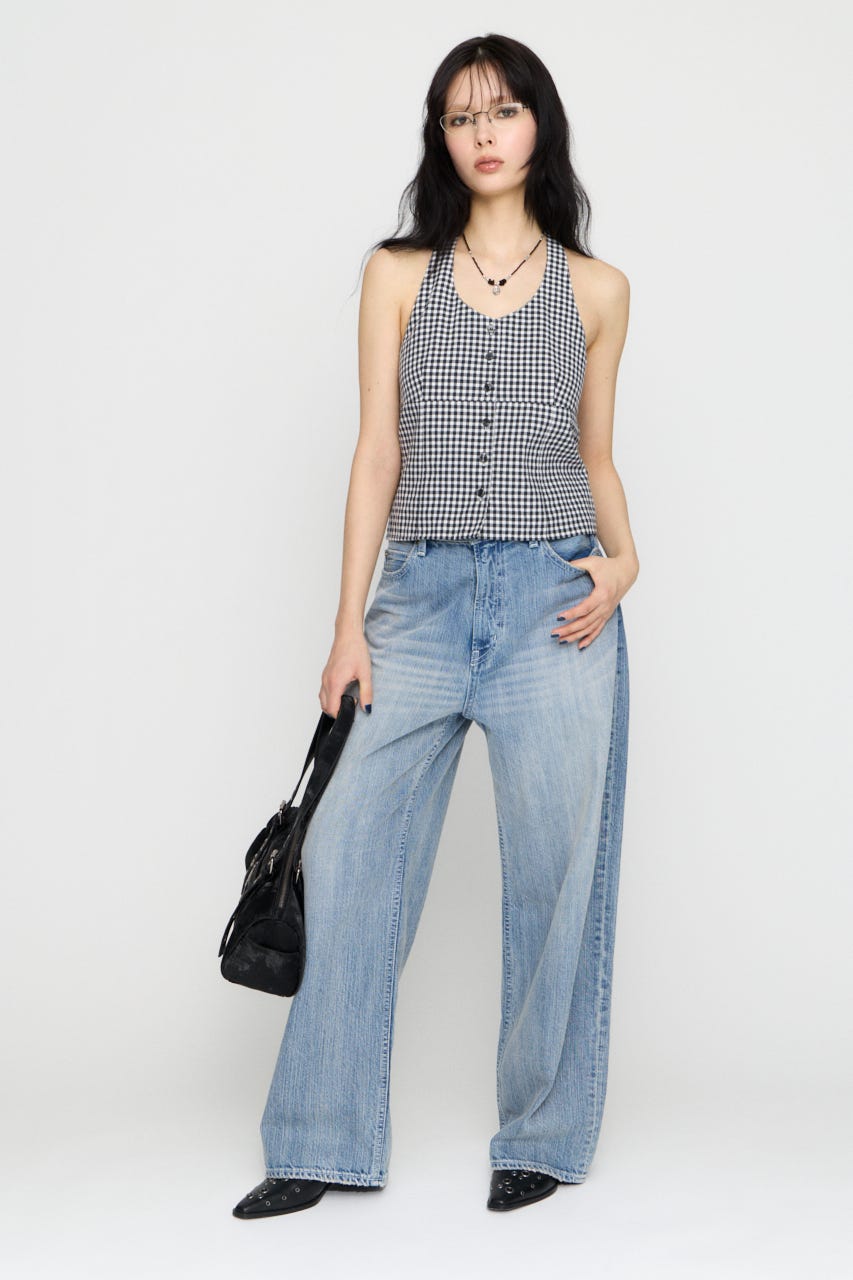 GINGHAM CHECK HALTER トップス BLK FREE