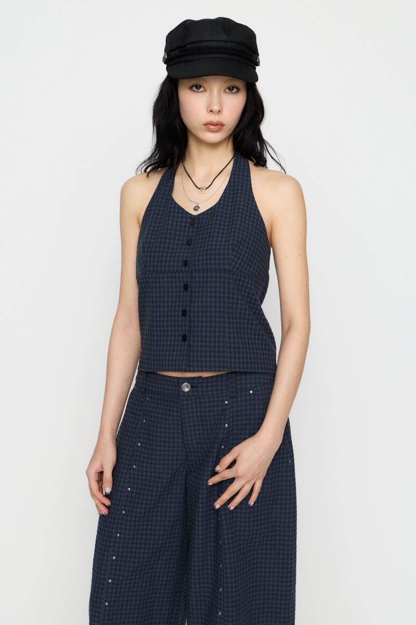 GINGHAM CHECK HALTER トップス NVY FREE