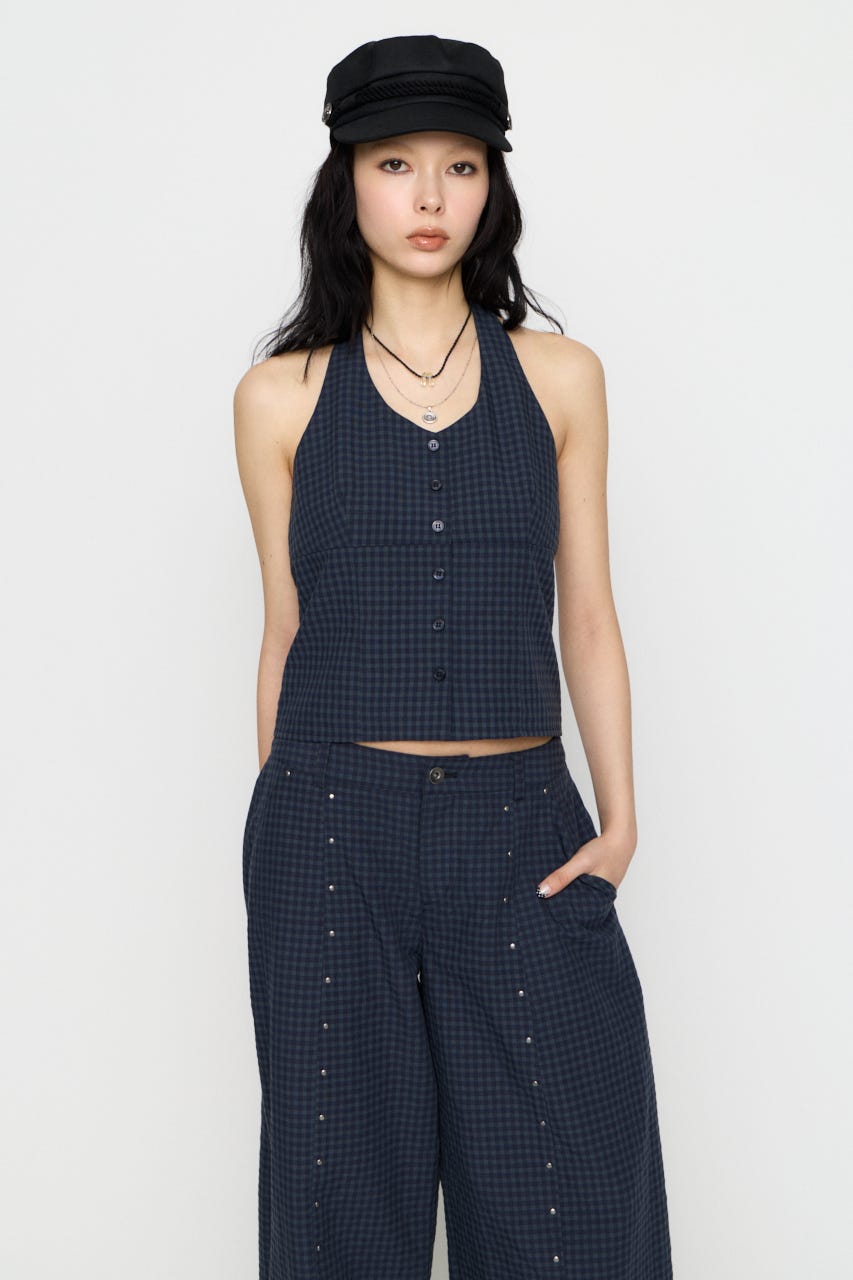 GINGHAM CHECK HALTER トップス NVY FREE