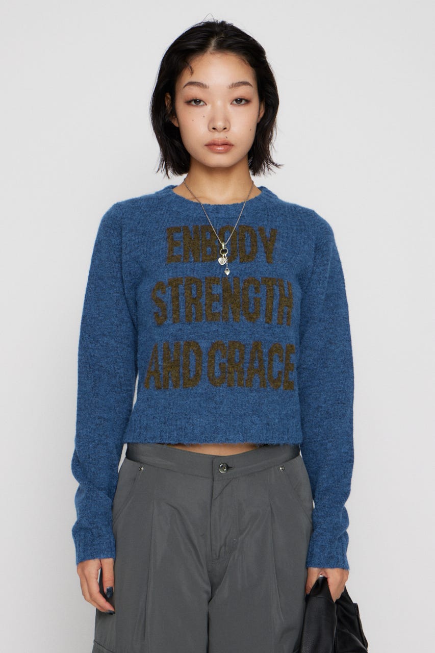 LETTERING JACQUARD KNIT トップス BLU FREE