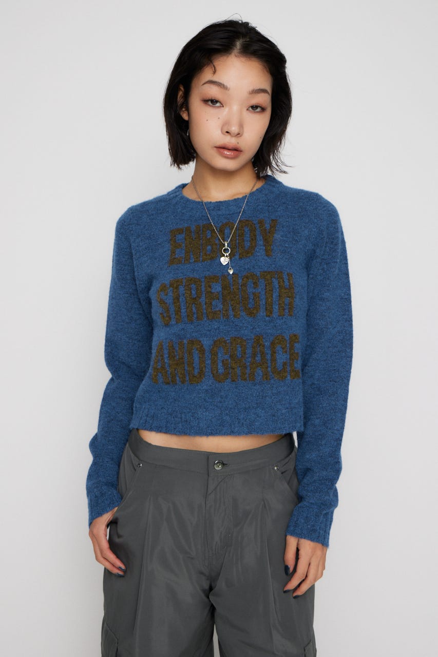 LETTERING JACQUARD KNIT トップス BLU FREE