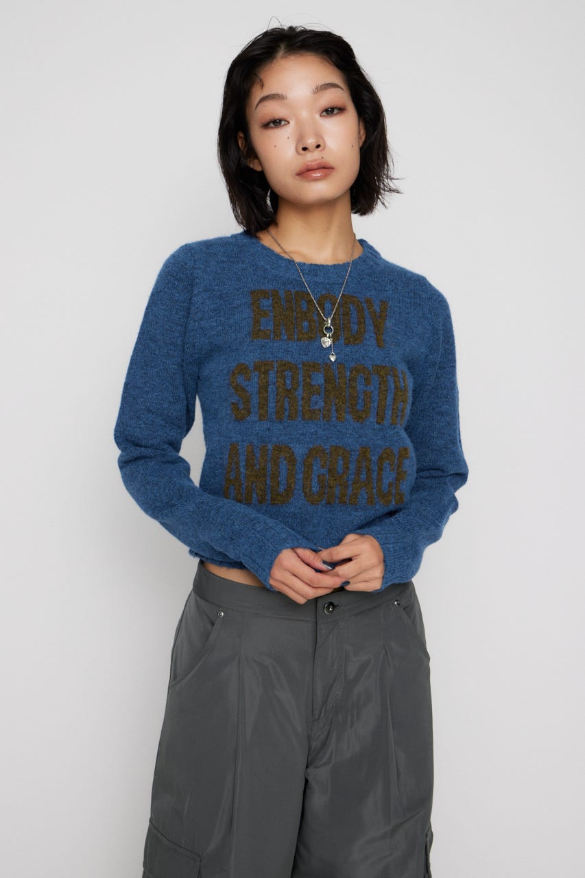 LETTERING JACQUARD KNIT トップス BLU FREE