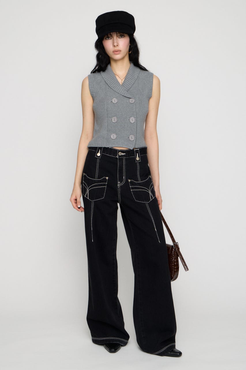 DOUBLE BUTTON KNIT ベスト T.GRY FREE