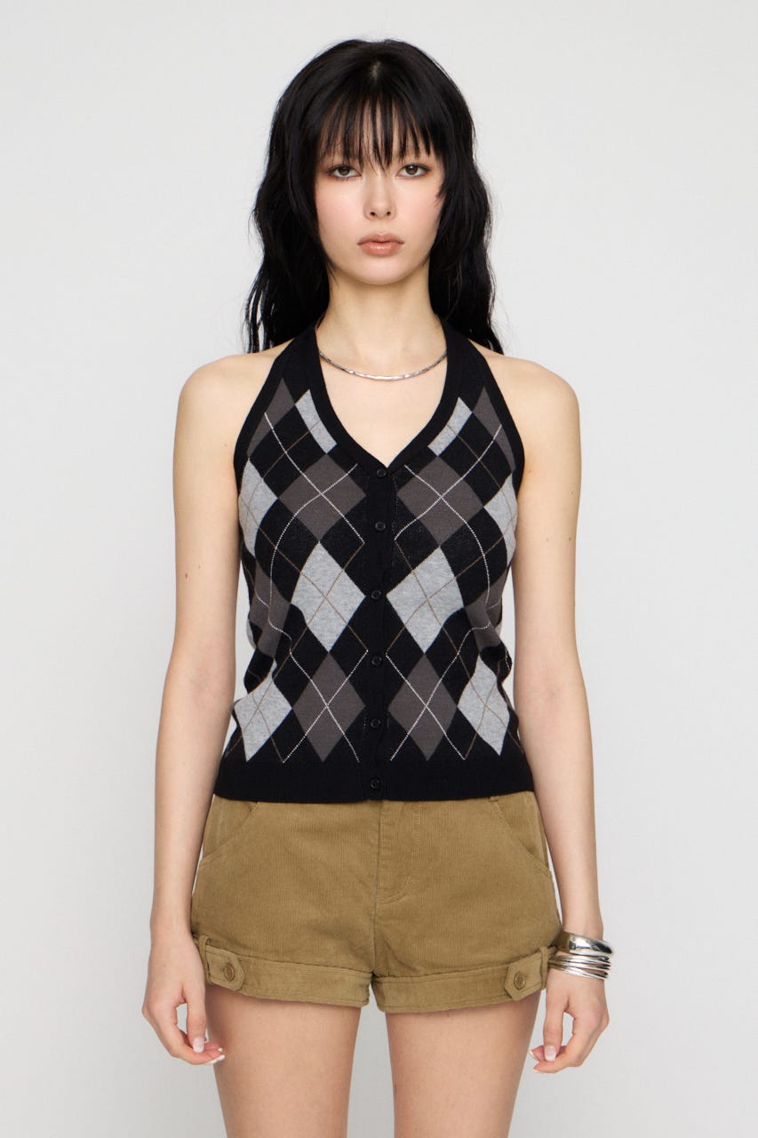 ARGYLE HALTER NECK トップス BLK FREE