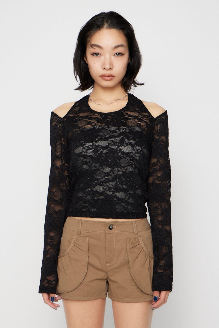LACE HALTER NECK トップス BLK FREE