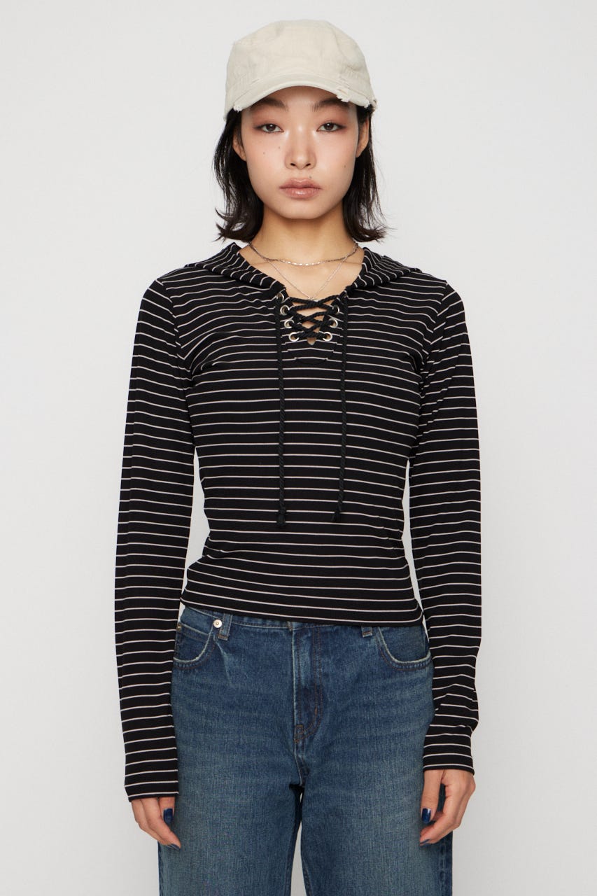 LACE UP HOODIE トップス BLK FREE