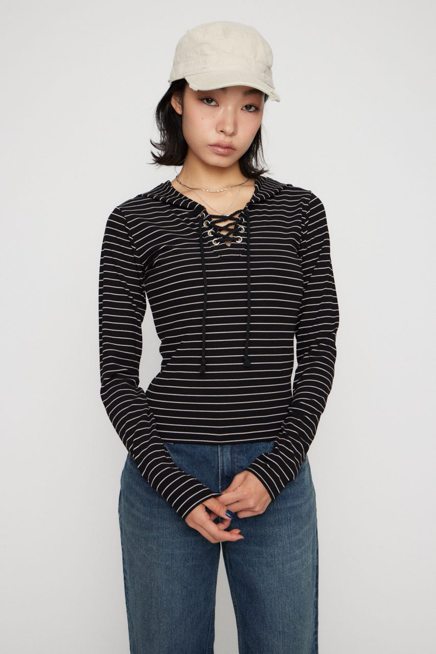 LACE UP HOODIE トップス BLK FREE