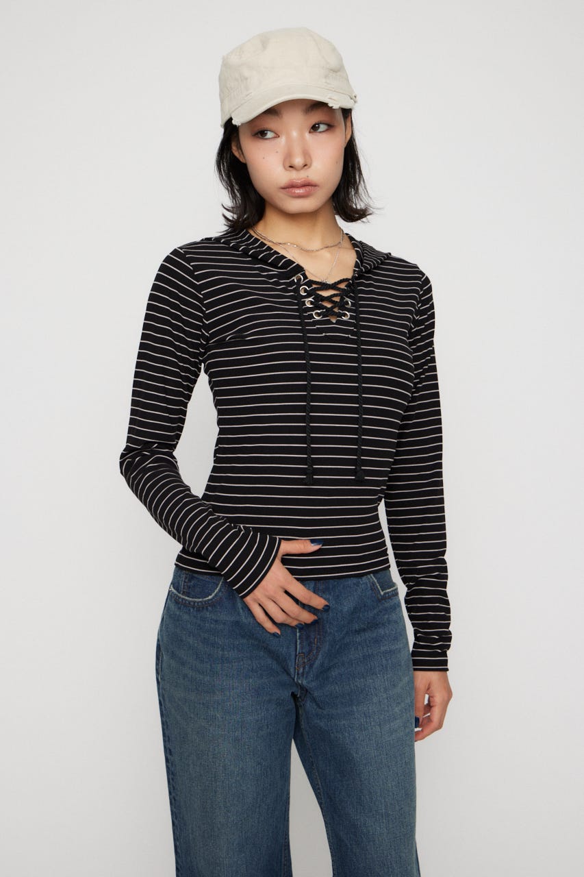 LACE UP HOODIE トップス BLK FREE