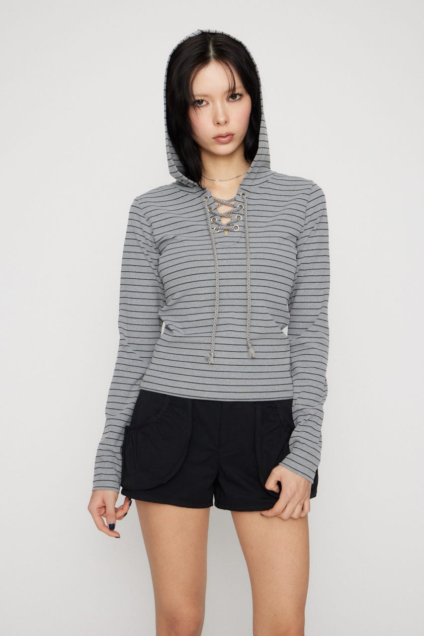 LACE UP HOODIE トップス GRY FREE