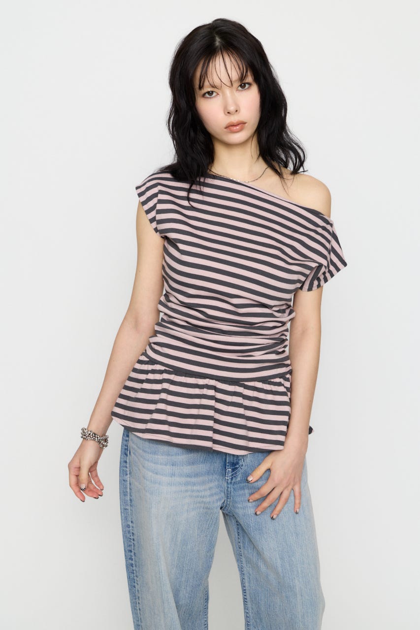 BORDER DRAPE FRILL チュニック L/PNK FREE