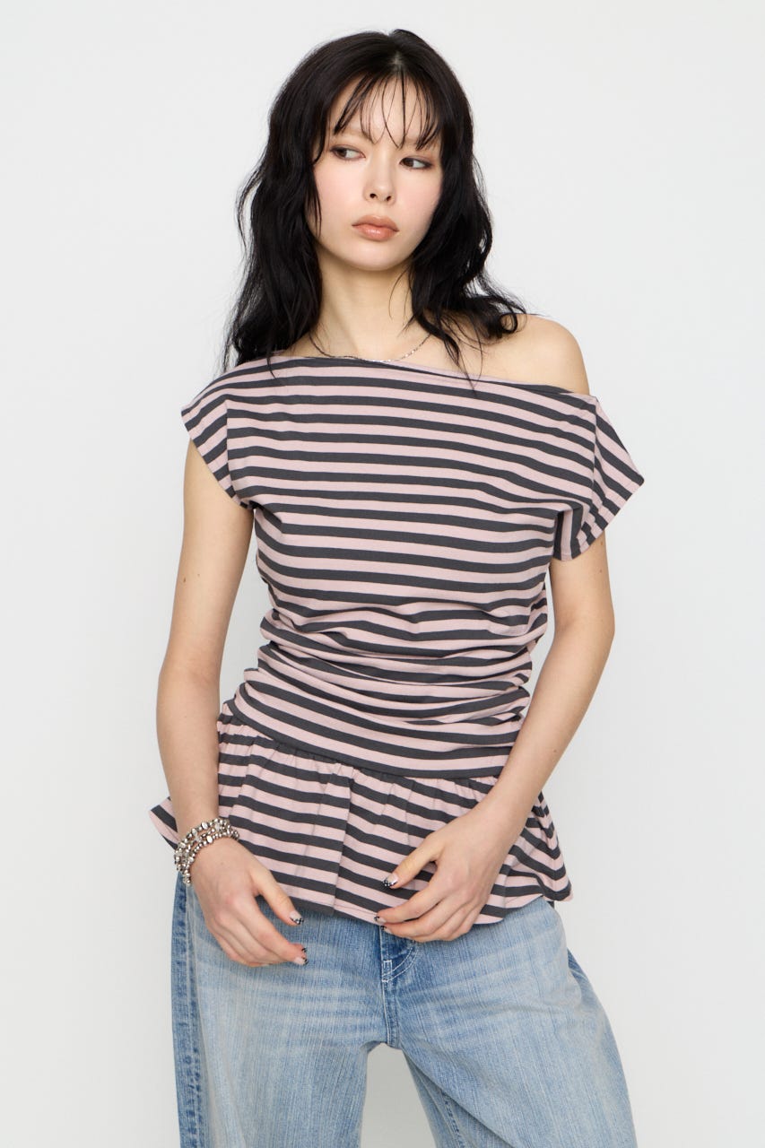 BORDER DRAPE FRILL チュニック L/PNK FREE
