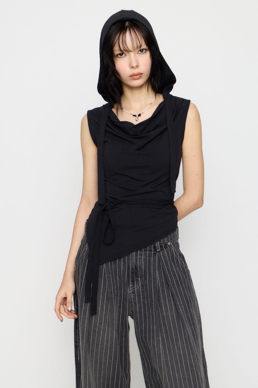 DRAPE HOODIE CUT トップス BLK FREE